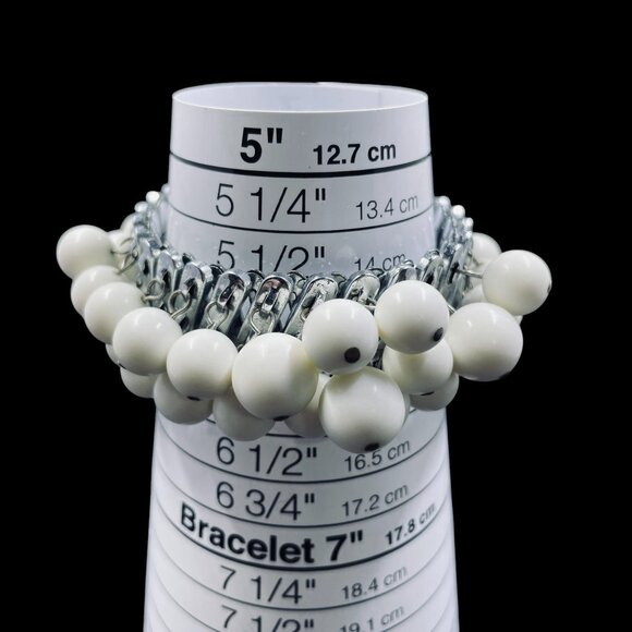 Chunky Silver Chain Bracelet White Beaded Stretch Statement Bold Modern Chic - Picture 8 of 9